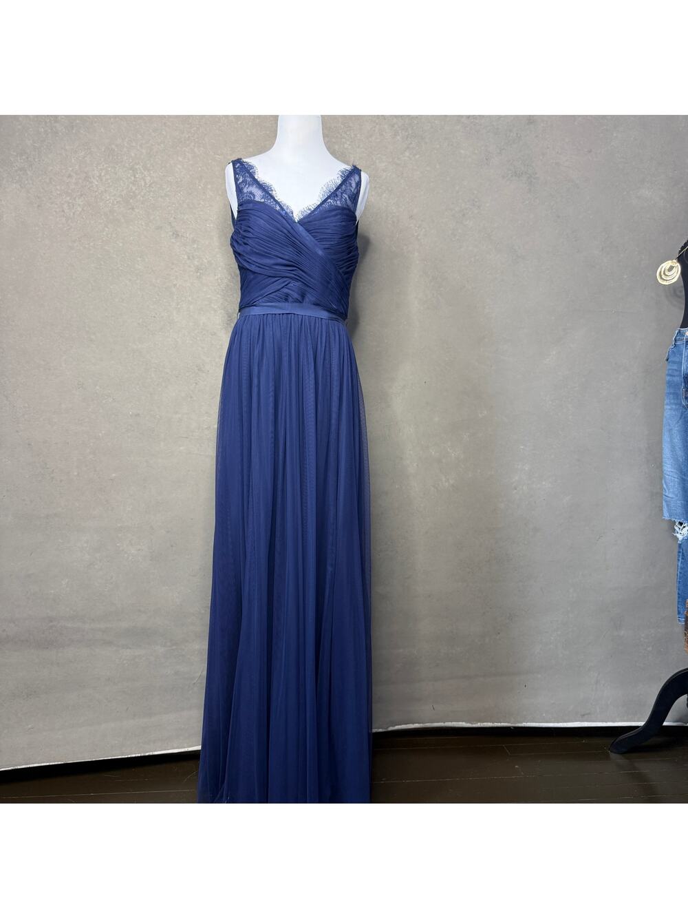 Anthropologie Hitherto Dusty Blue Chiffon Lace Women's Size 8 Formal Maxi V Neck